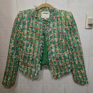 L'Agence Angelina Green Tweed Fringe Jacket Size 0 Luxe Designer